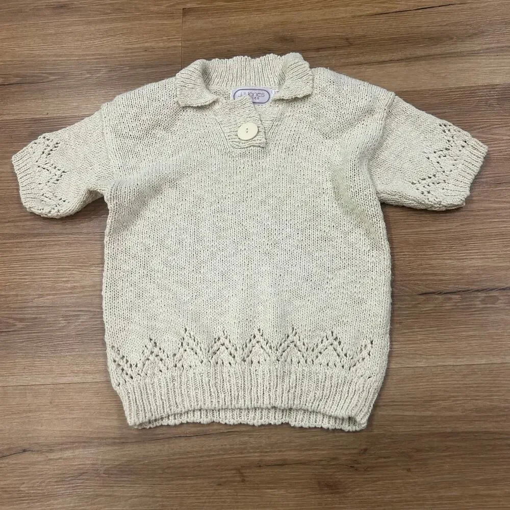 Cream Eyelet Knit Sweater Top Short Sleeve Small Collared Cottagecore S -